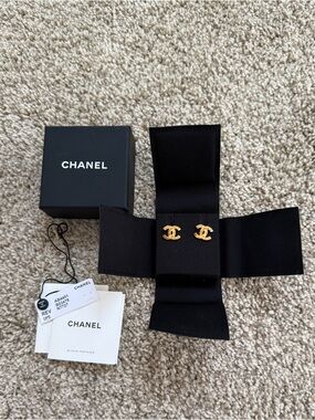 Chanel Gold Tone Logo Earrings AB4451 FULL SET!